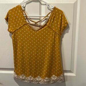 Polka dot Mustard top with lace size small